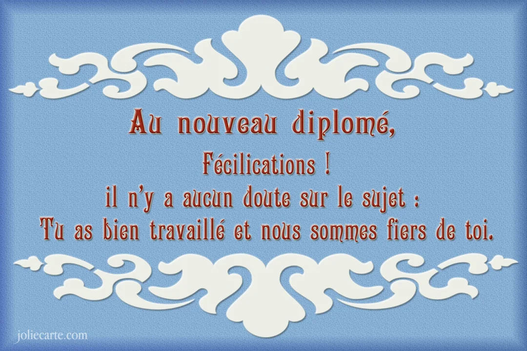 Une carte de félicitations au style classique avec un texte en police bordeaux sur un fond bleu texturé, encadré par des frises décoratives blanches.