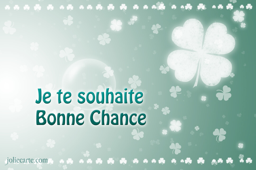 Une carte de vœux numérique sur un fond dégradé vert d'eau, ornée de nombreux trèfles blancs et du texte 'Je te souhaite Bonne Chance'.