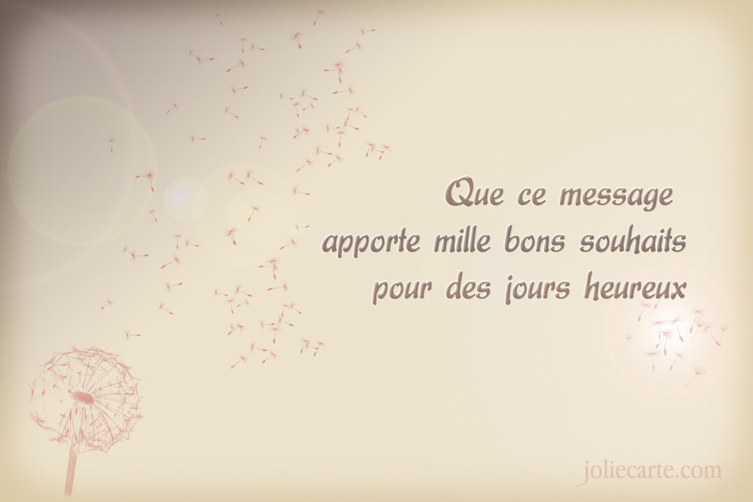 Une carte au style vintage montrant des graines de pissenlit s'envolant dans un ciel lumineux, avec un message de vœux au centre.