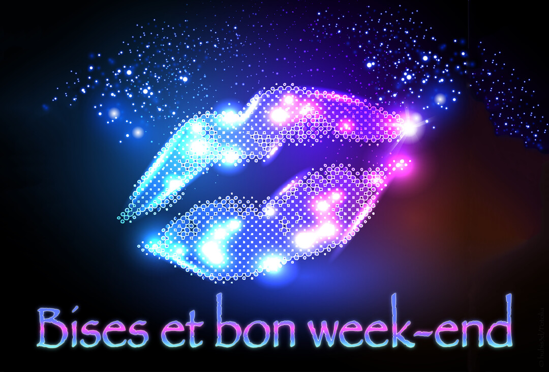 La carte présente une paire de lèvres stylisées, composées de points lumineux bleus et roses, inclinée sur un fond noir parsemé d'étincelles.