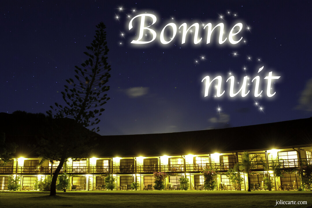 Un bâtiment de style motel est illuminé la nuit, sous un ciel bleu foncé parsemé d'étoiles et le texte 'Bonne nuit' écrit en lettres lumineuses.