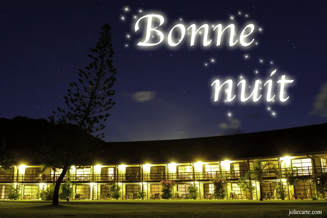 Un bâtiment de style motel est illuminé la nuit, sous un ciel bleu foncé parsemé d'étoiles et le texte 'Bonne nuit' écrit en lettres lumineuses.