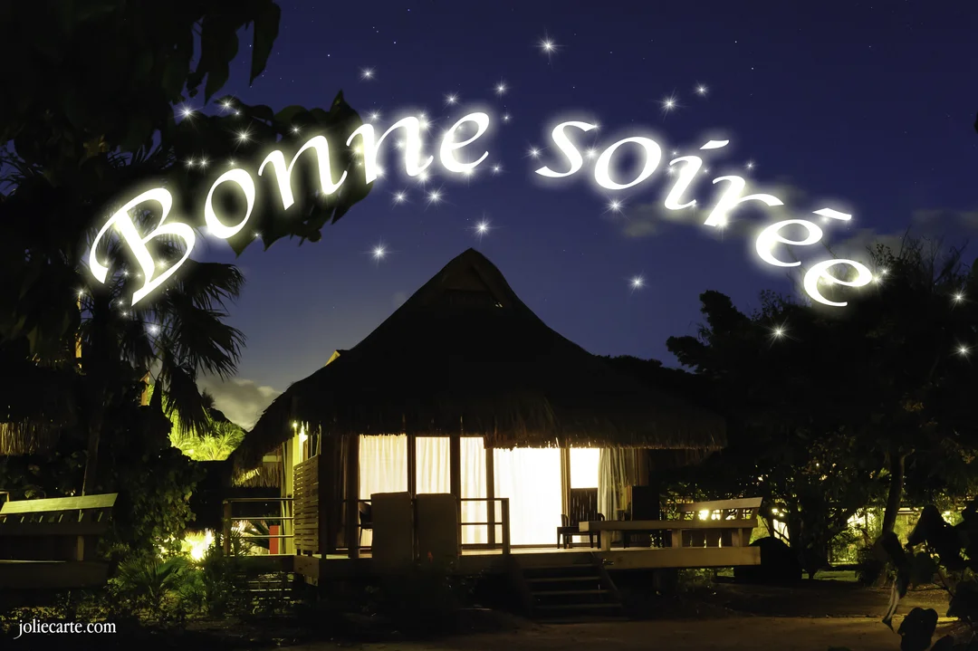 Un bungalow tropical éclairé de l'intérieur, la nuit, sous un ciel bleu foncé constellé d'étoiles, avec le texte lumineux 'Bonne soirée'.