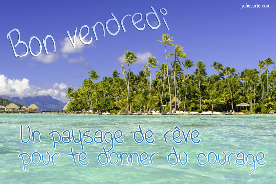 Une carte de bon vendredi illustrée par une plage tropicale avec des palmiers et des bungalows sur une eau turquoise sous un ciel bleu.