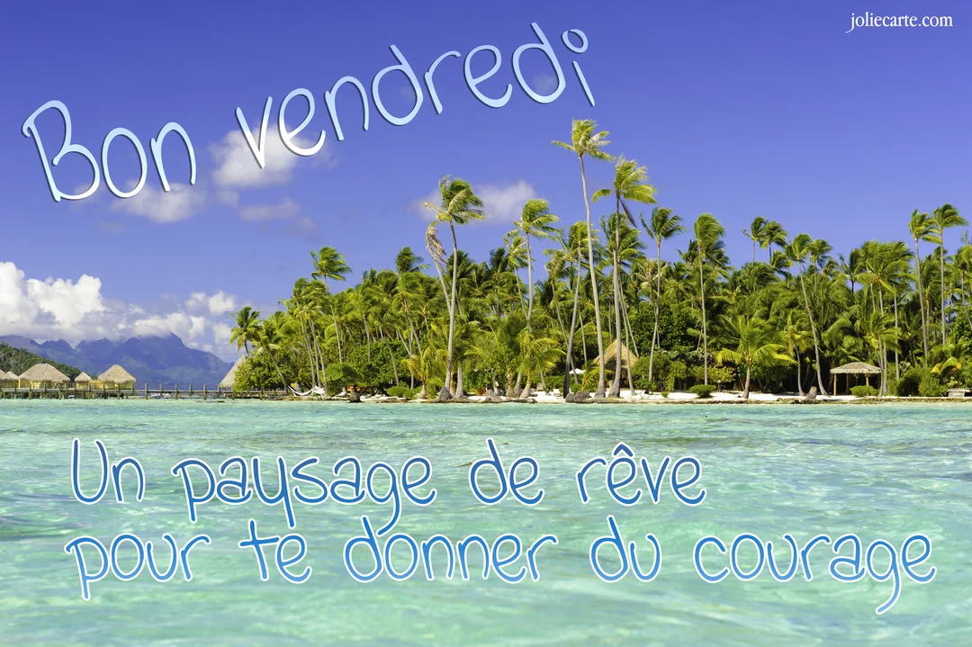 Une carte de bon vendredi illustrée par une plage tropicale avec des palmiers et des bungalows sur une eau turquoise sous un ciel bleu.