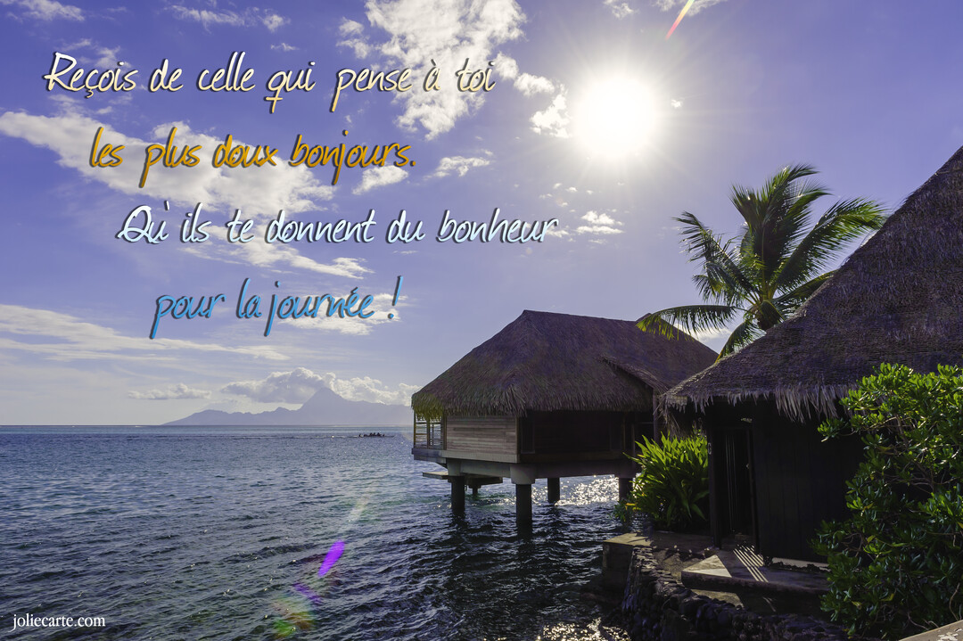 Paysage tropical ensoleillé avec des bungalows sur pilotis au-dessus d'une mer turquoise, une île montagneuse au loin et un palmier.