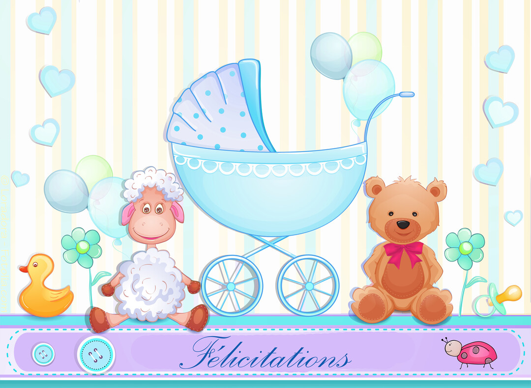 Une scène enfantine illustrée présente un landau bleu au centre, entouré d'un ours en peluche, d'un mouton, de ballons et du mot 'Félicitations'.
