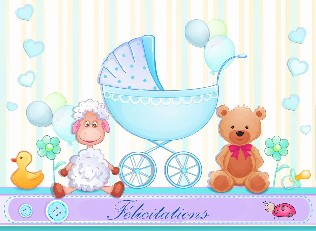 Une scène enfantine illustrée présente un landau bleu au centre, entouré d'un ours en peluche, d'un mouton, de ballons et du mot 'Félicitations'.