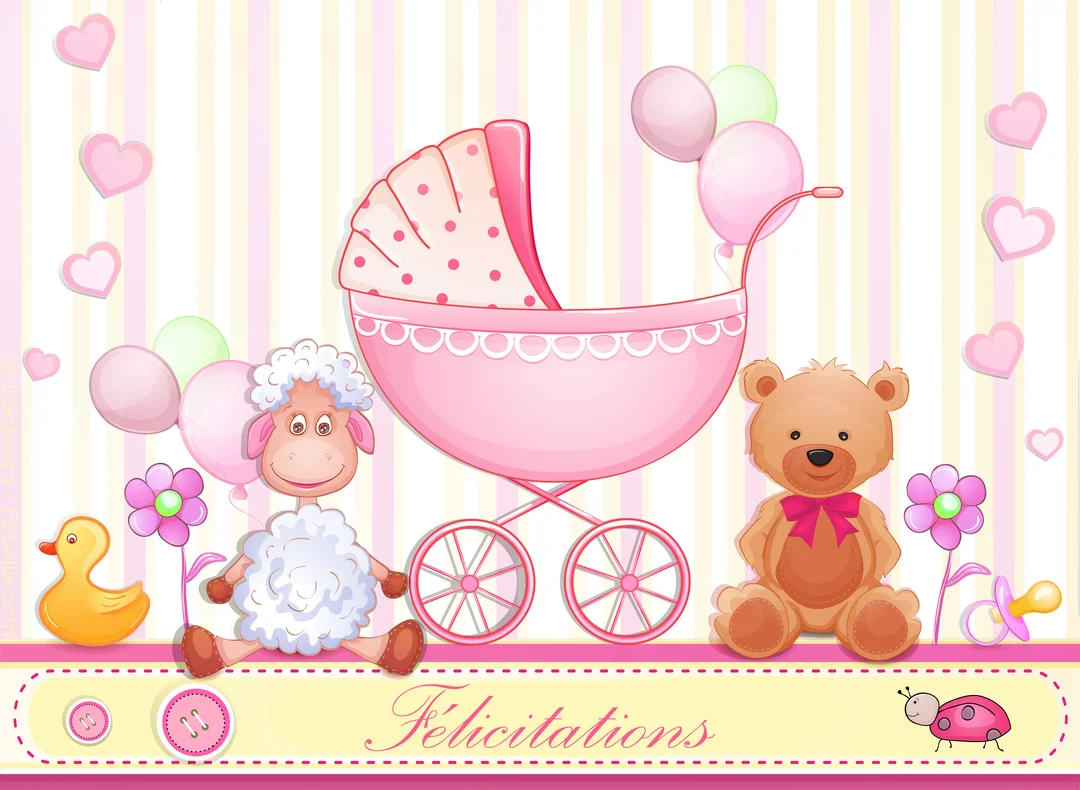Une scène de naissance rose pastel avec un landau, un ours en peluche, un mouton et le mot 'Félicitations' écrit en bas.