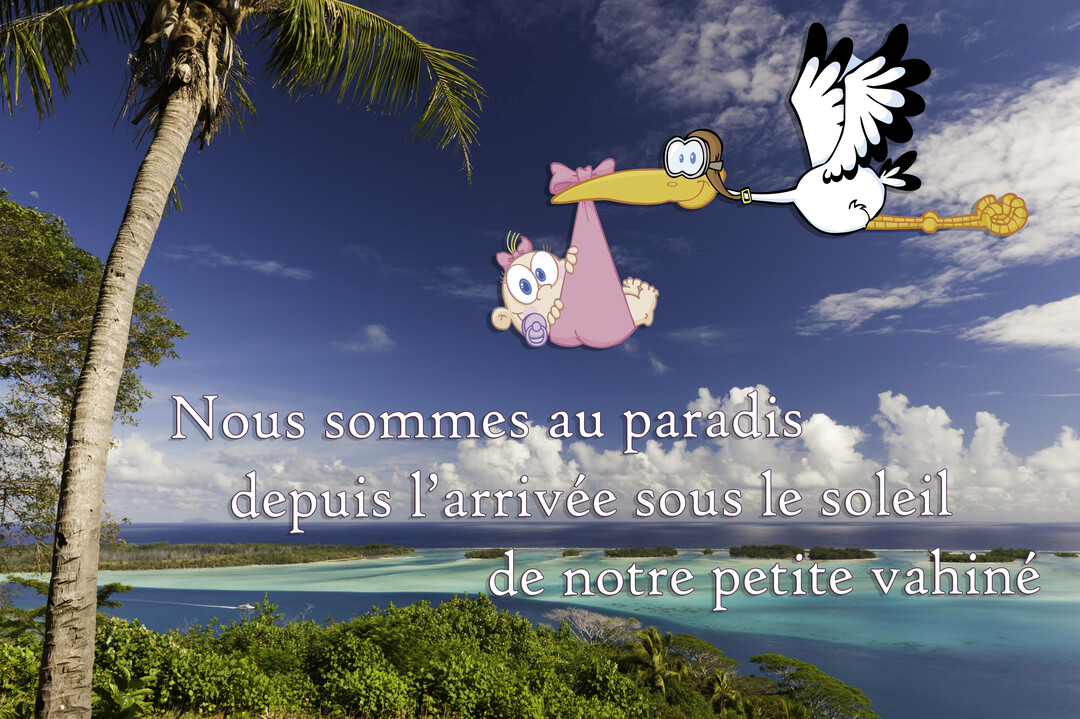 Une cigogne cartoon avec un casque d'aviateur vole au-dessus d'un lagon turquoise, transportant une petite fille dans un baluchon rose.