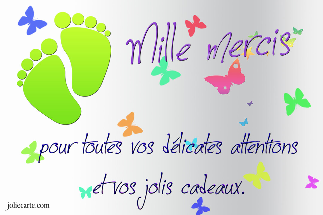Une carte de remerciements avec deux empreintes de pieds de bébé en vert, entourées de papillons multicolores et d'un message de gratitude manuscrit.