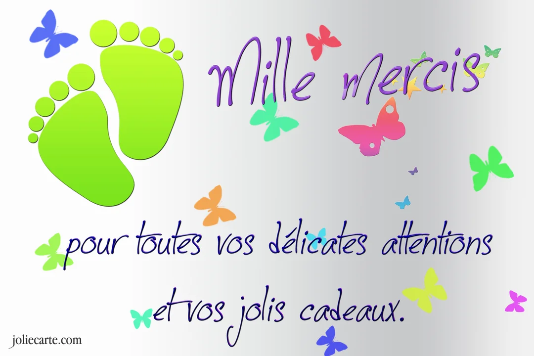 Une carte de remerciements avec deux empreintes de pieds de bébé en vert, entourées de papillons multicolores et d'un message de gratitude manuscrit.