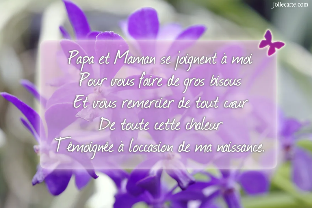 Un message de remerciement pour une naissance est superposé sur une photographie en gros plan de délicates orchidées violettes, avec un papillon décoratif.