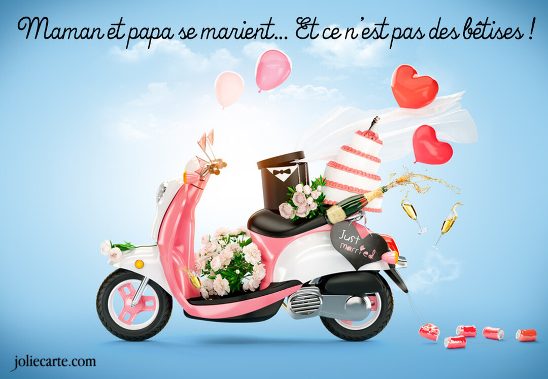 Sur un fond de ciel bleu, un scooter rose et blanc est chargé d'attributs de mariage comme un gâteau, du champagne et des ballons rouges.