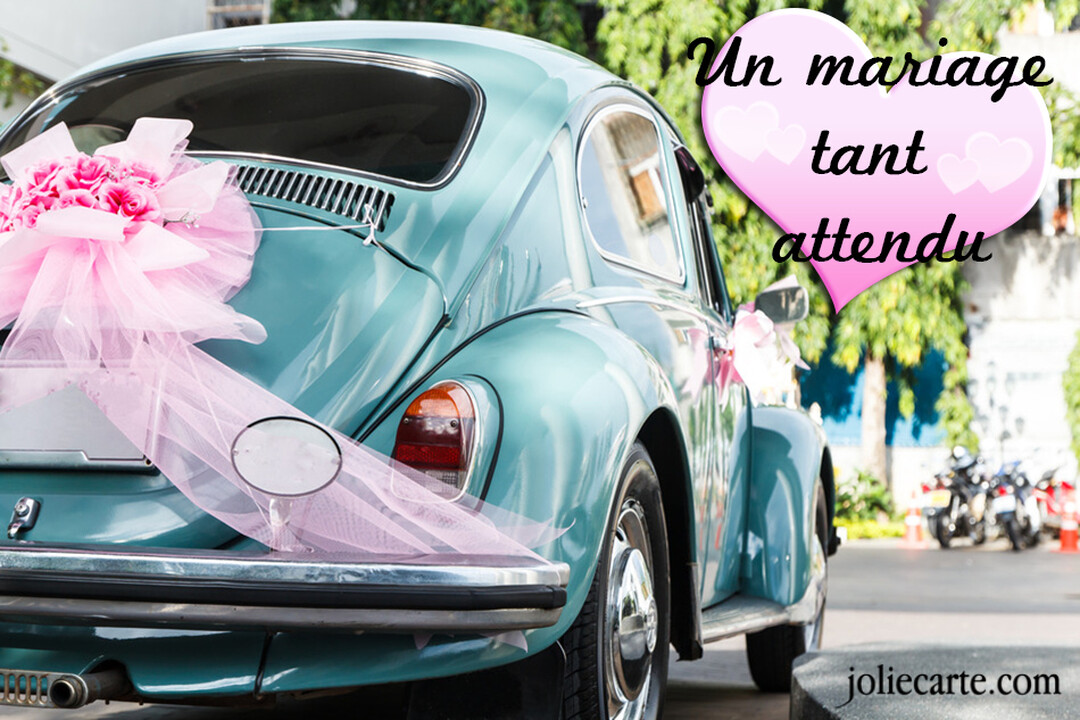 L'arrière d'une voiture de collection bleu-vert, parée d'un bouquet et d'un ruban rose, est stationnée dans une rue verdoyante et ensoleillée.