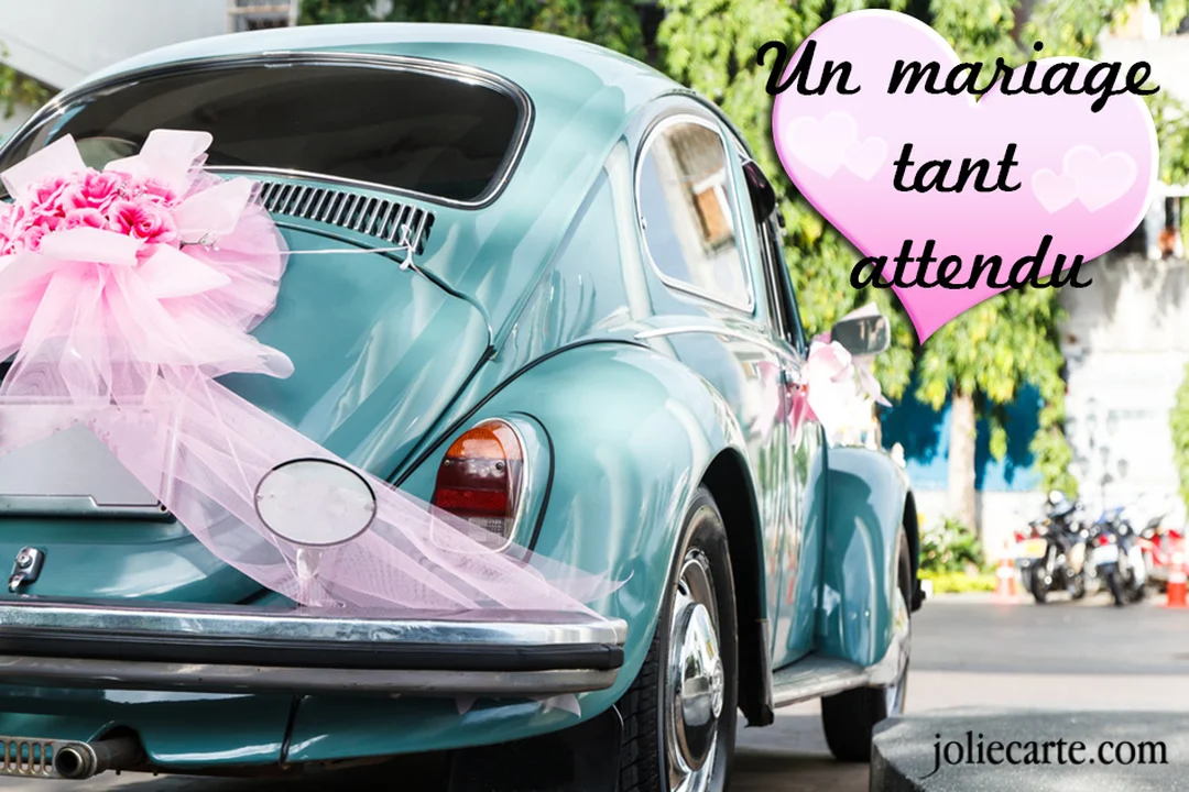 L'arrière d'une voiture de collection bleu-vert, parée d'un bouquet et d'un ruban rose, est stationnée dans une rue verdoyante et ensoleillée.