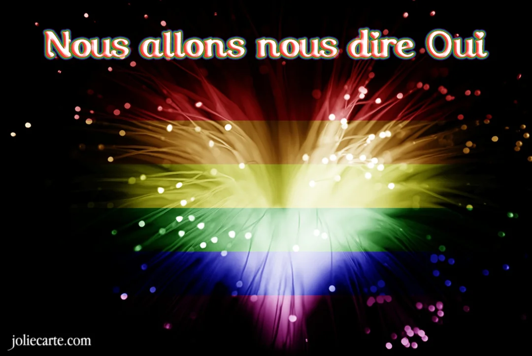 Un feu d'artifice éclate en formant les bandes colorées du drapeau arc-en-ciel, surmonté du texte blanc 'Nous allons nous dire Oui'.