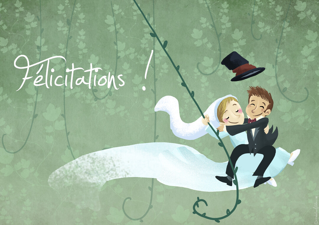 Illustration d'un couple de jeunes mariés s'enlaçant joyeusement sur une balançoire végétale, sur un fond vert texturé parsemé de feuilles de lierre.