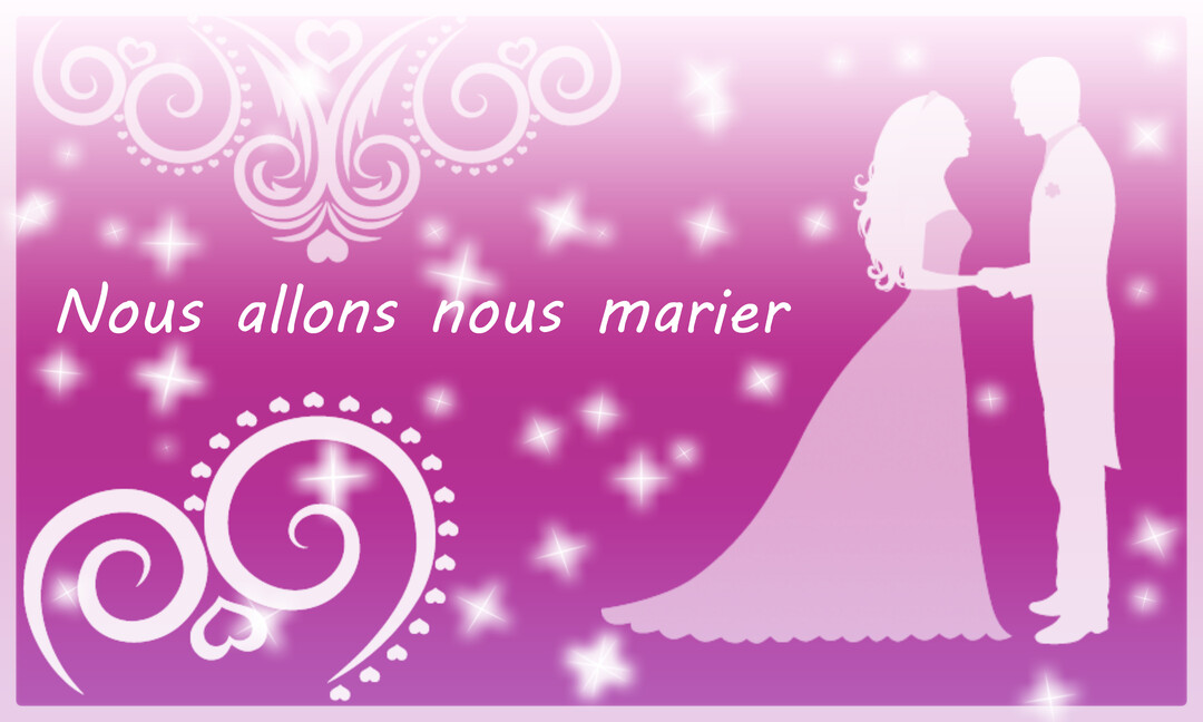 Une silhouette blanche d'un couple de mariés se tenant la main sur un fond dégradé rose, avec des étoiles et des ornements décoratifs.