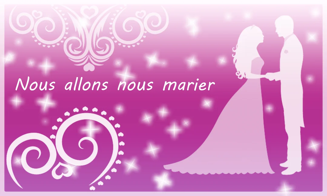 Une silhouette blanche d'un couple de mariés se tenant la main sur un fond dégradé rose, avec des étoiles et des ornements décoratifs.