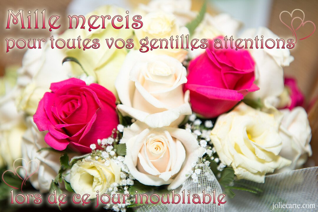 Gros plan sur un bouquet de mariée composé de roses blanches et fuchsia, avec un texte de remerciement superposé pour un mariage.