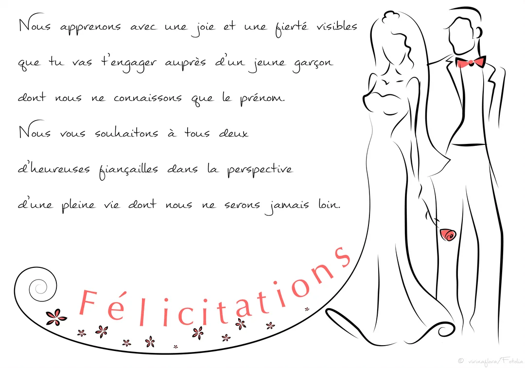Un dessin au trait noir et blanc d'un couple en tenue de mariage, avec un texte manuscrit de félicitations et des touches de couleur rouge.