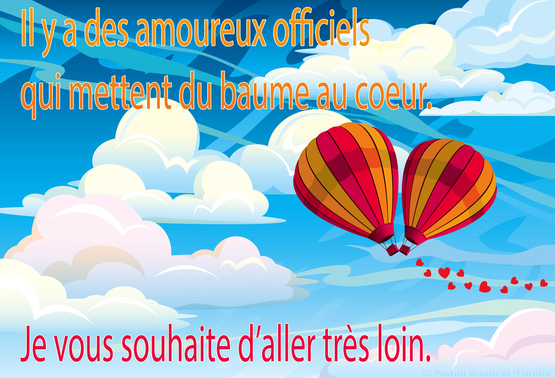 Illustration de deux montgolfières colorées volant côte à côte dans un ciel nuageux, laissant derrière elles une traînée de petits cœurs rouges.