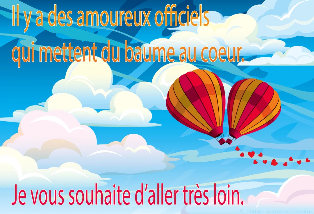 Illustration de deux montgolfières colorées volant côte à côte dans un ciel nuageux, laissant derrière elles une traînée de petits cœurs rouges.