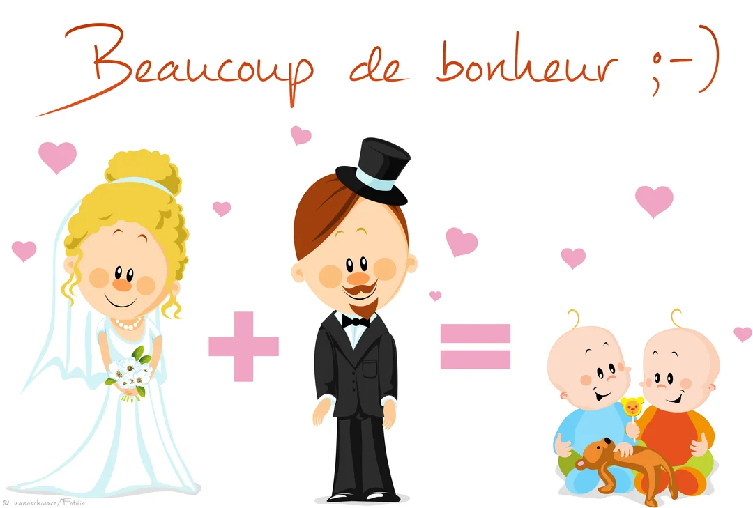 Une illustration de style dessin animé montre l'équation d'un couple marié aboutissant à deux bébés, sous un message de vœux manuscrit.