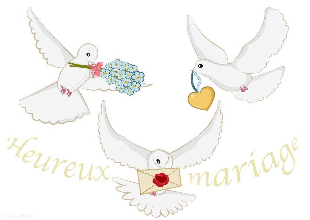 Trois colombes blanches illustrées volent sur un fond blanc, portant un bouquet, un cœur doré et une lettre scellée, avec un message de mariage.