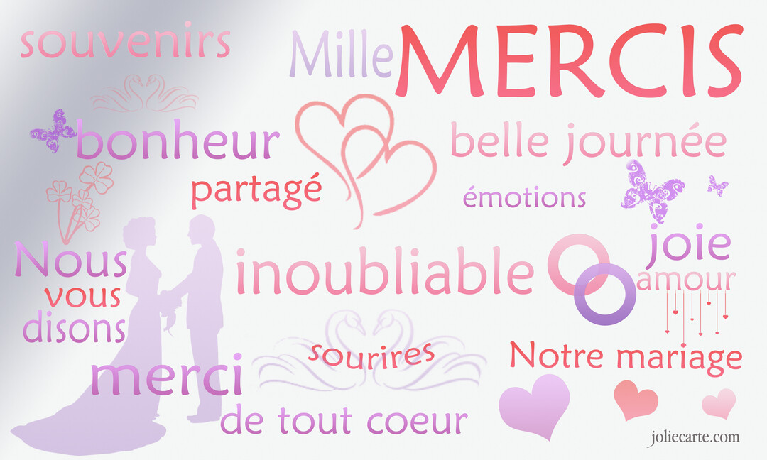 Une composition typographique avec des mots comme 'merci', 'amour', 'joie', et la silhouette d'un couple de mariés sur un fond dégradé.