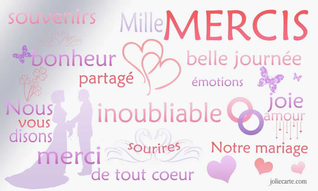 Une composition typographique avec des mots comme 'merci', 'amour', 'joie', et la silhouette d'un couple de mariés sur un fond dégradé.