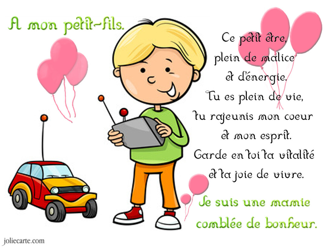 Un jeune garçon blond souriant joue avec une voiture télécommandée, entouré de ballons roses et d'un texte affectueux de sa grand-mère.