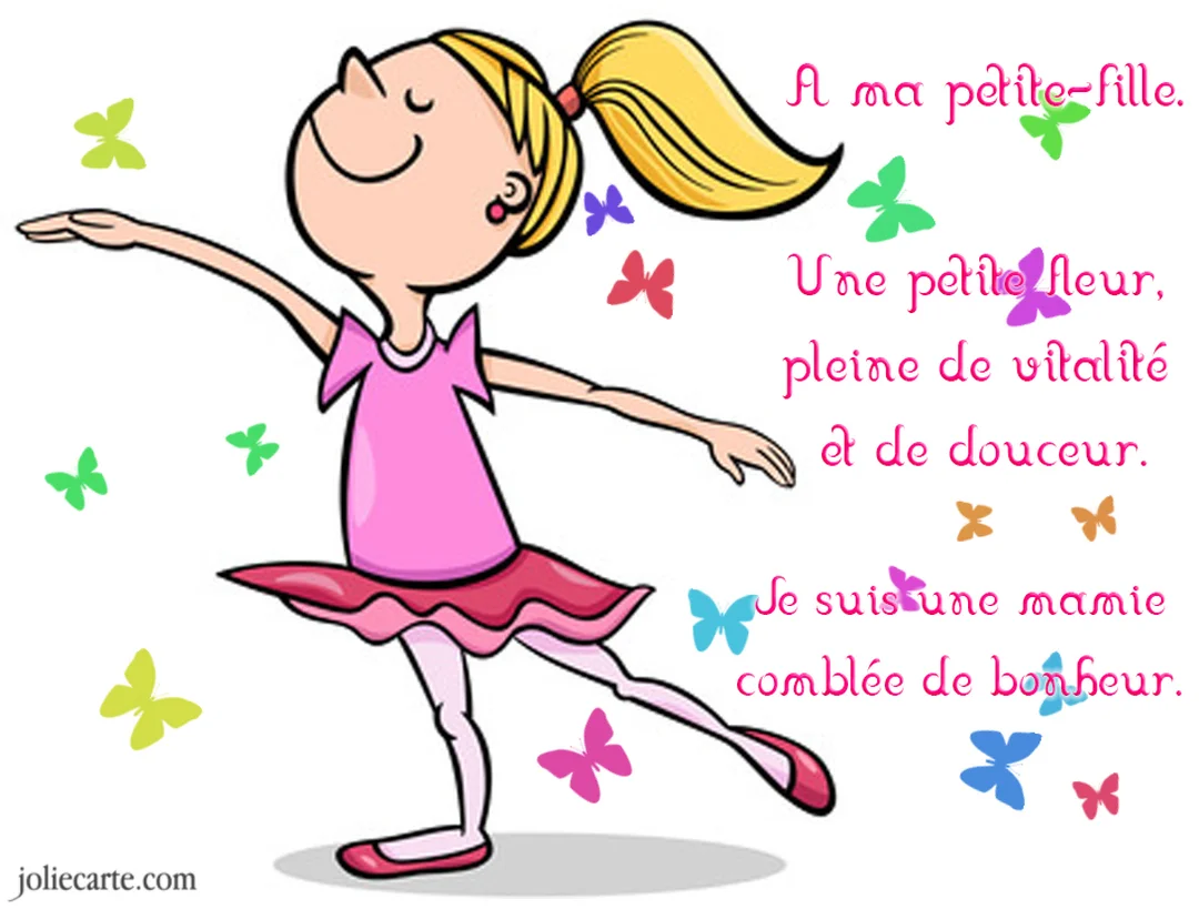Sur cette carte, une jeune fille en tutu rose danse avec un grand sourire, entourée de papillons, illustrant la joie et la vitalité.