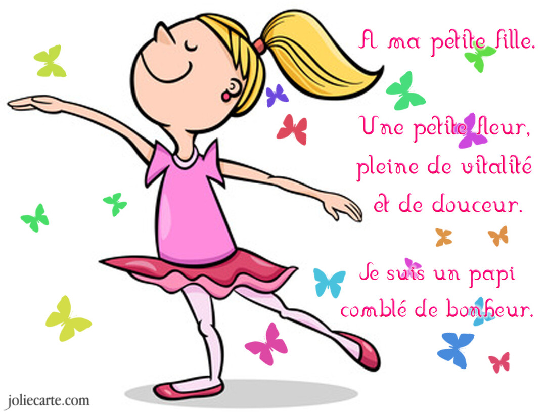 Une jeune fille blonde en tutu rose danse gracieusement, les yeux fermés et souriant, sur un fond blanc avec des papillons multicolores.