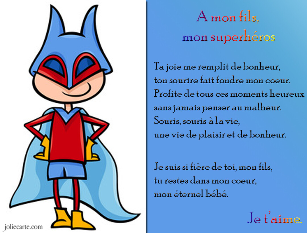 Un dessin de style cartoon montre un jeune garçon souriant, habillé en super-héros avec une cape et un masque bleus et rouges.