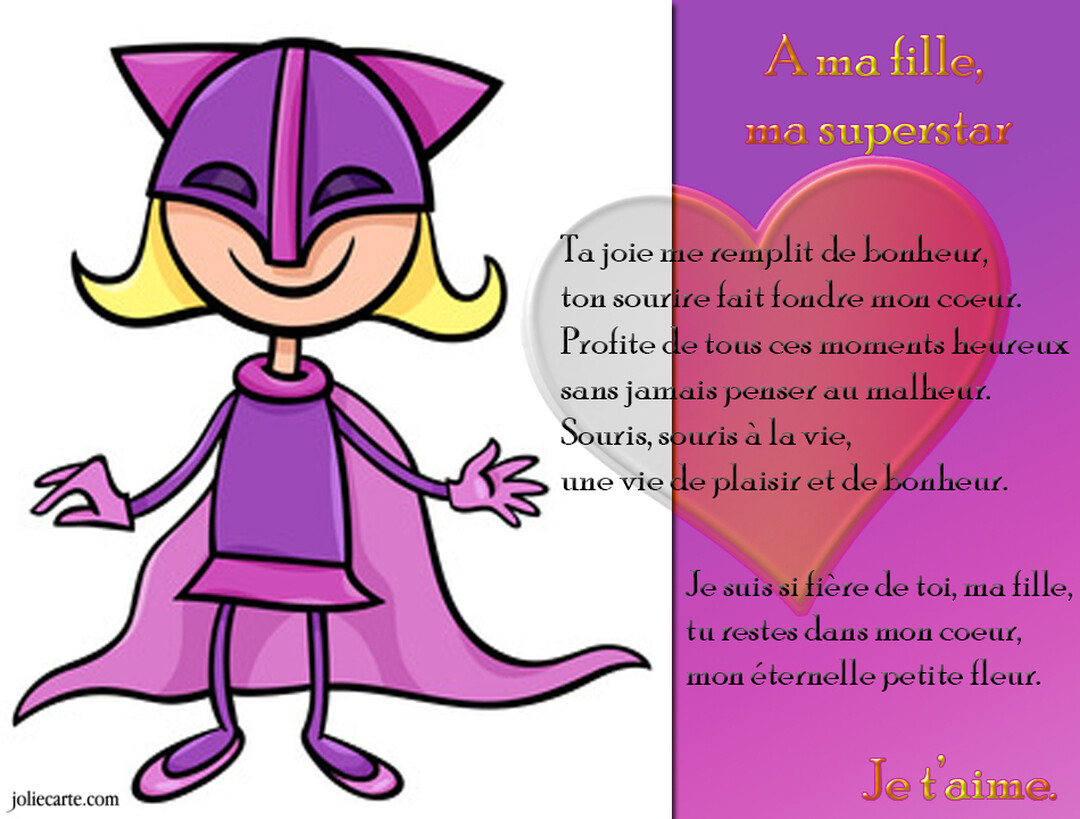 Une carte partagée en deux, avec une jeune fille blonde en costume de super-héroïne violet à gauche et un poème d'amour sur fond rose à droite.