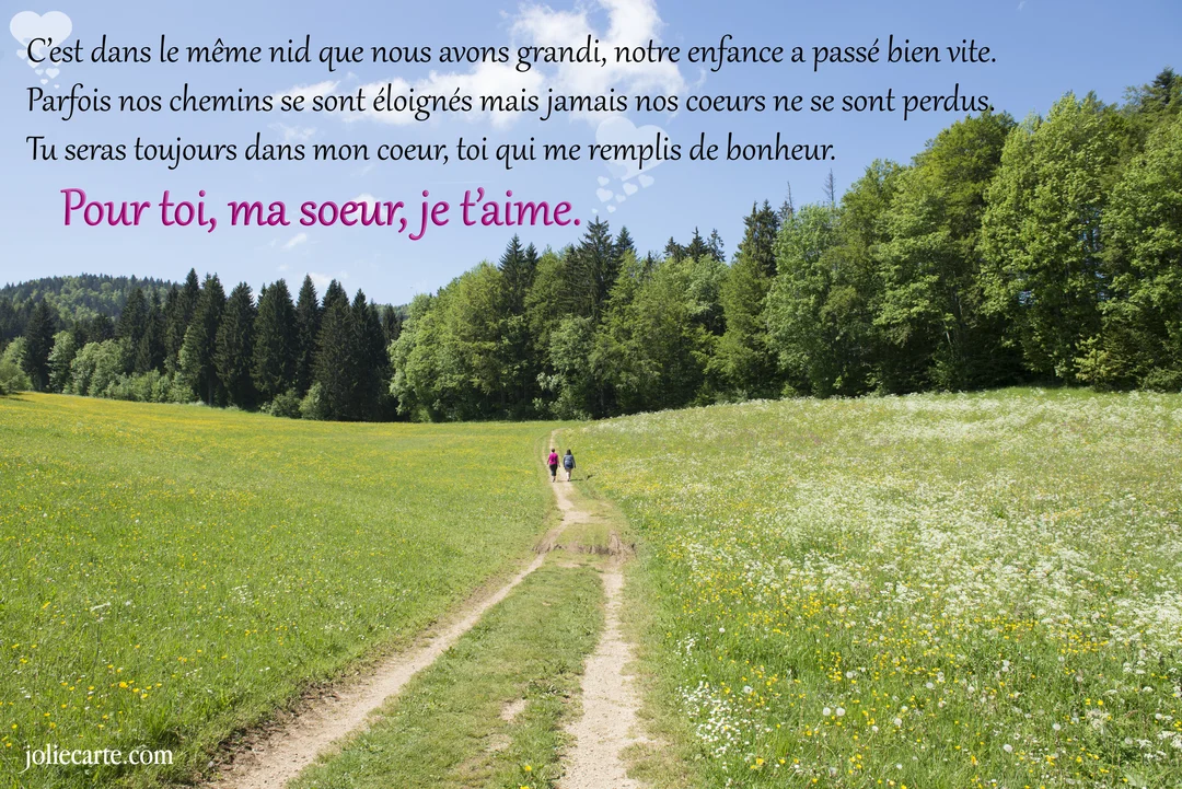 Deux silhouettes féminines s'éloignent sur un chemin de terre traversant une prairie fleurie, sous un ciel bleu et un poème dédié à une sœur.