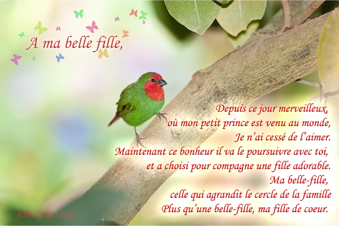 Un petit oiseau vert à face rouge est posé sur une branche d'arbre, avec un poème d'affection pour une belle-fille.
