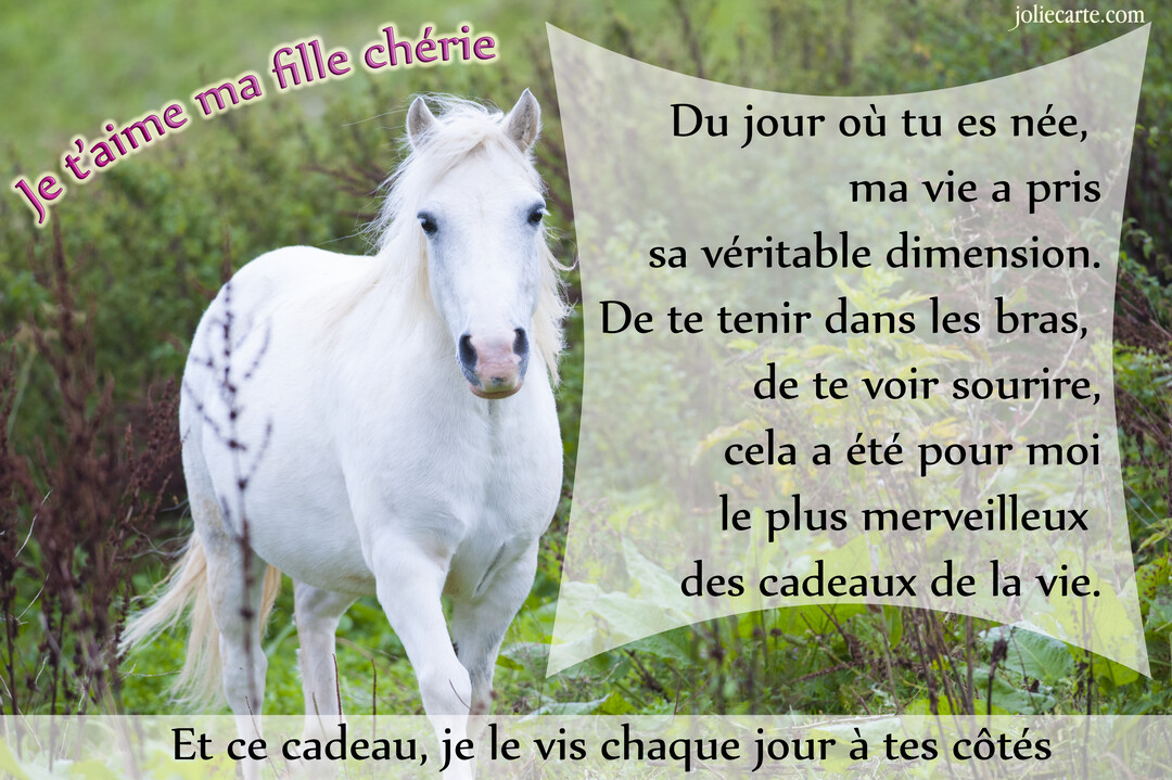 Un cheval blanc à la crinière flottante se tient dans un pré vert, accompagné d'un texte poétique sur l'amour parental.