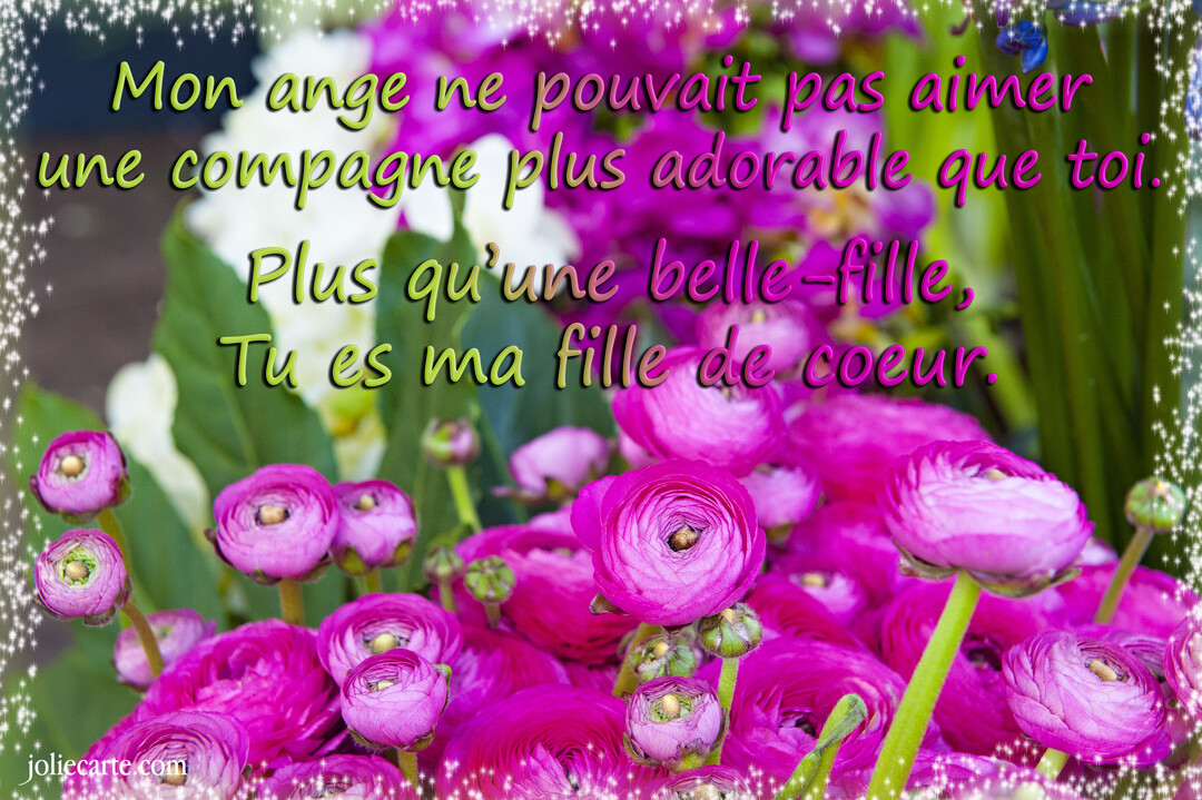Une carte florale présentant un gros plan sur des renoncules fuchsia, avec un texte poétique superposé sur un fond de feuilles vertes.