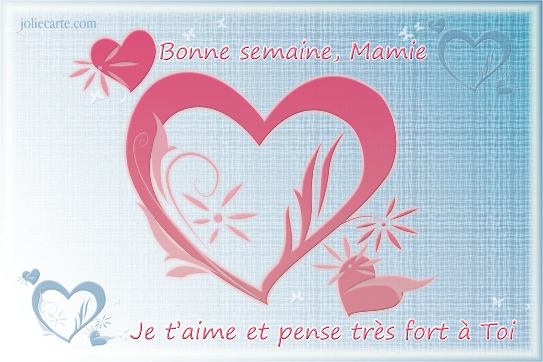 Carte virtuelle avec texte 'Bonne semaine Mamie' sur un fond bleu texturé, ornée d'un grand cœur rose central et de motifs floraux.