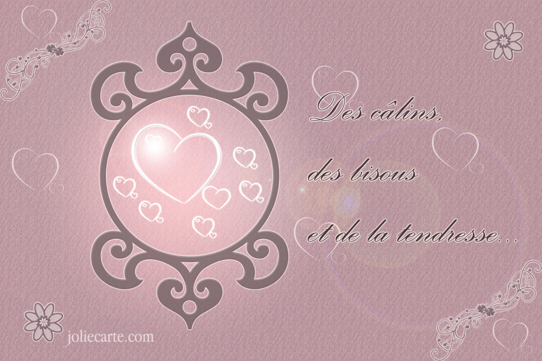 Carte élégante sur fond texturé rose, ornée d'un médaillon central avec des cœurs et d'un texte manuscrit exprimant de la tendresse.