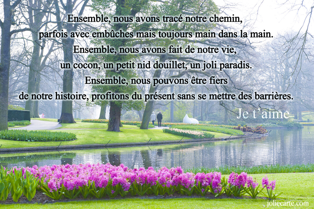 Un couple âgé se promène sur un sentier dans un parc verdoyant et brumeux, près d'un lac bordé de jacinthes roses.