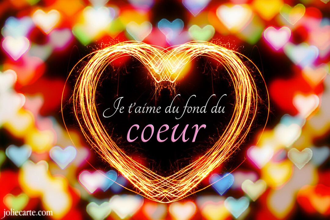 Un grand cœur lumineux et scintillant est dessiné au centre, sur un arrière-plan flou composé de multiples petits cœurs de couleurs vives.