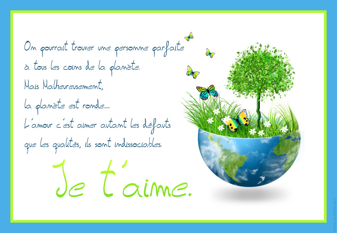 Une composition sur fond blanc où une demi-planète Terre contient un paysage verdoyant avec un arbre, des fleurs blanches et des papillons colorés.