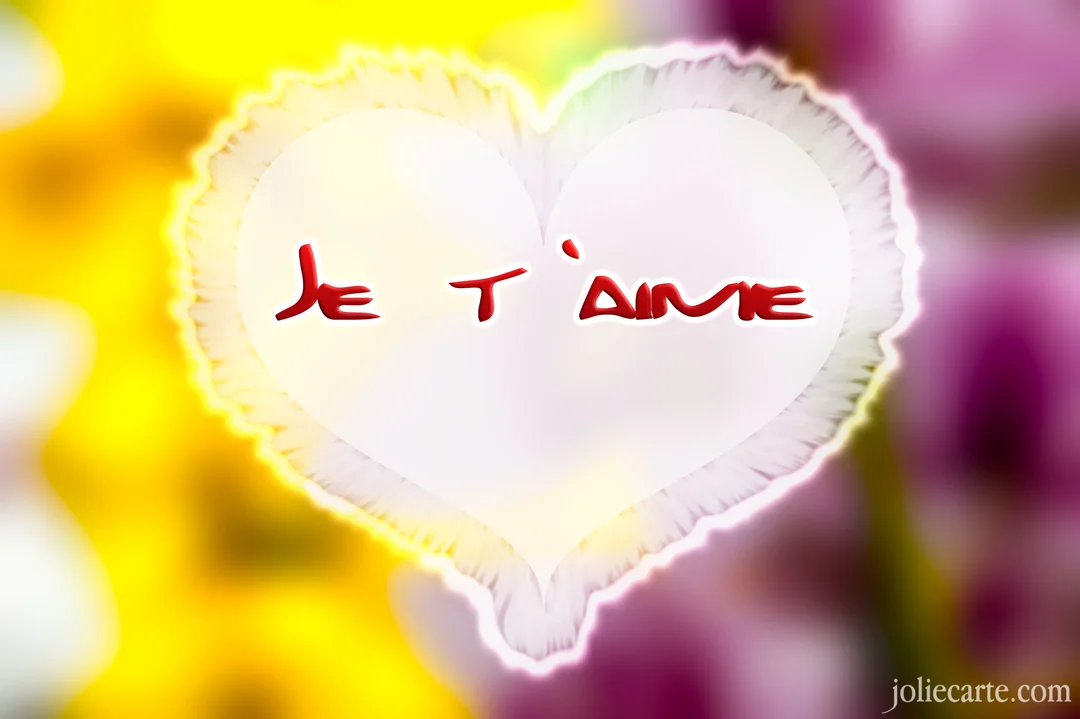 Une carte romantique présentant un cœur blanc incandescent avec l'inscription "Je t'aime" en rouge, sur un arrière-plan abstrait et floral.