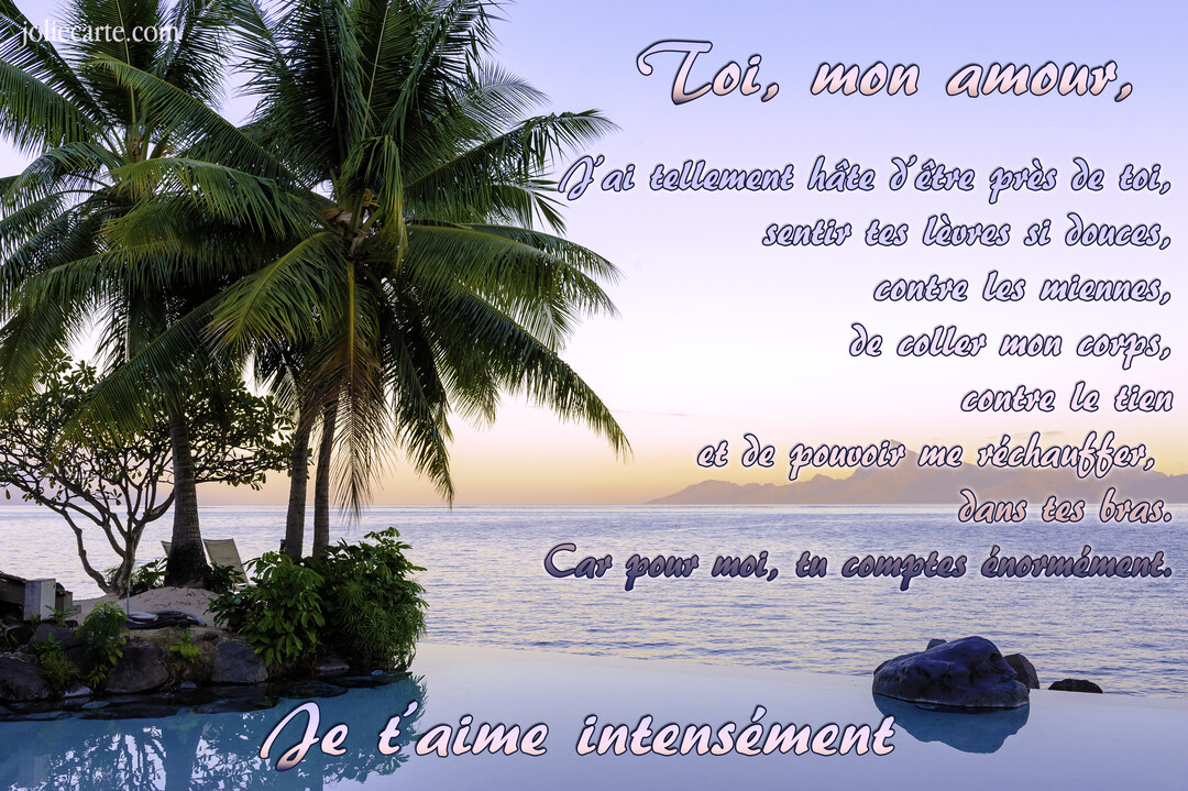 Un poème d'amour est écrit sur une photographie d'un coucher de soleil sur une mer calme, avec des palmiers au premier plan.