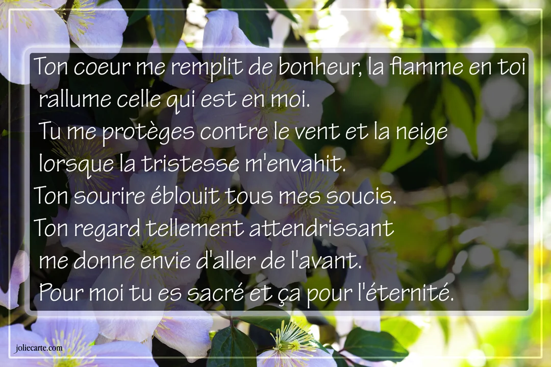 Un poème d'amour est superposé sur une photographie lumineuse de fleurs de clématites mauves et de feuillage vert en arrière-plan.