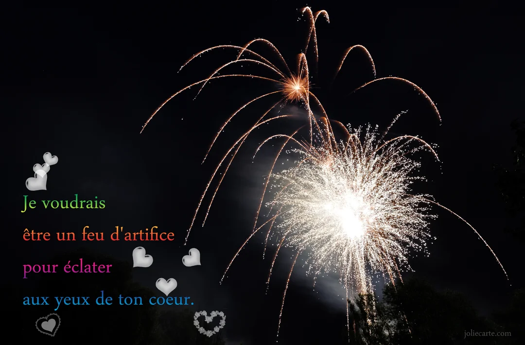 Sur un fond de ciel nocturne, des feux d'artifice dorés et blancs explosent à côté d'une citation d'amour poétique en lettres multicolores.